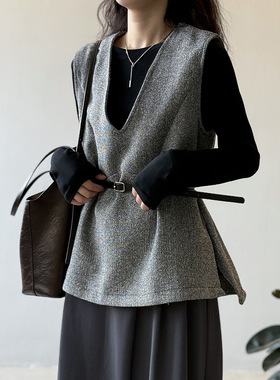 言双 韩系v领马甲T恤套装女秋季叠穿长袖打底衫两件套配腰带