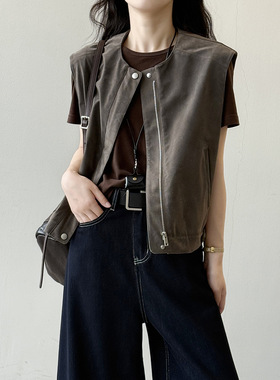 言双 圆领拉链工装无袖皮马甲女秋季设计感百搭宽松休闲外套