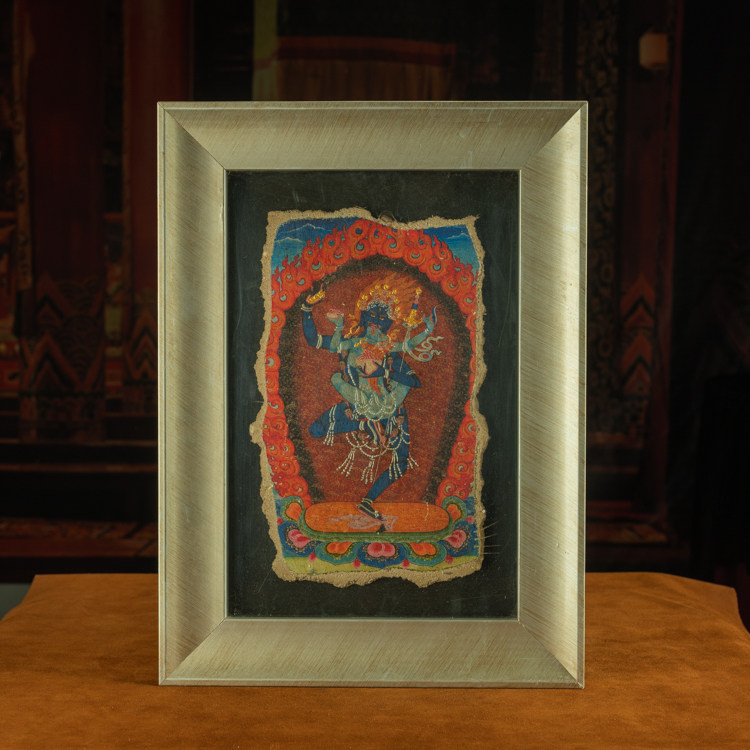 清代藏传纯手绘双身黑忿怒空行母壁画居家供奉摆件客厅装饰品收藏
