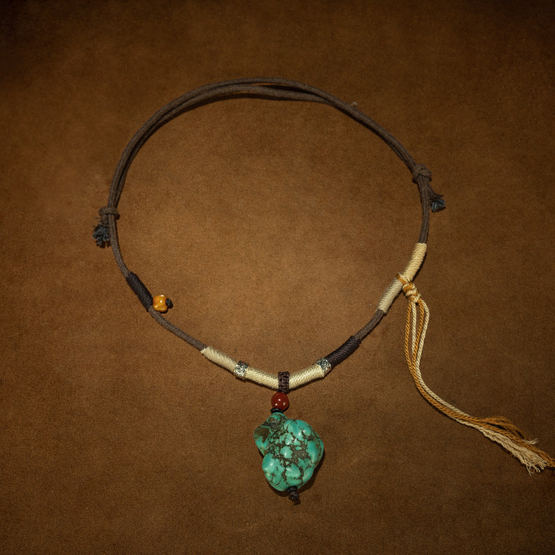 清代藏传随型原矿老绿松石挂件设计款锁骨链项链吊坠精美收藏品