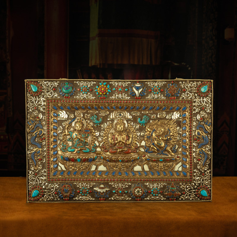 馆藏级〓清代藏传满工满镶嵌锤碟巨版雪域三怙主铜唐卡摆件壁挂