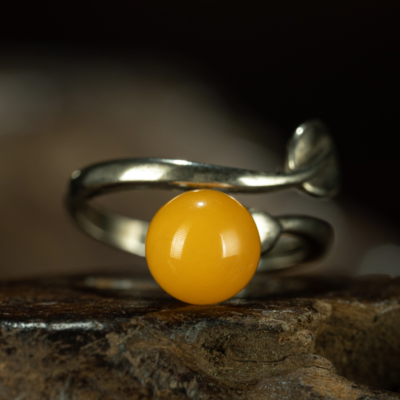 指尖上的时光琥珀—镶嵌天然蜜蜡琥珀戒指纯银戒指精美手戒指环