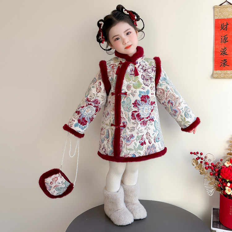 儿童冬季中国风新款唐装女童加厚新年旗袍拜年服喜庆宝宝冬装汉服