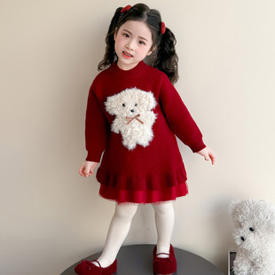 女童大红色毛衣裙冬装加厚洋气儿童裙子中长款童装新年针织连衣裙