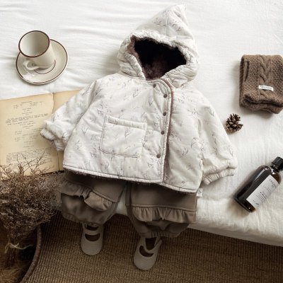 秋冬季婴儿夹棉外套女宝宝洋气碎花加绒棉袄小月龄女童连帽棉衣