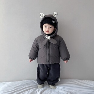 韩系男童冬装加厚棉服洋气宝宝连帽围脖保暖外套冬季儿童百搭棉袄