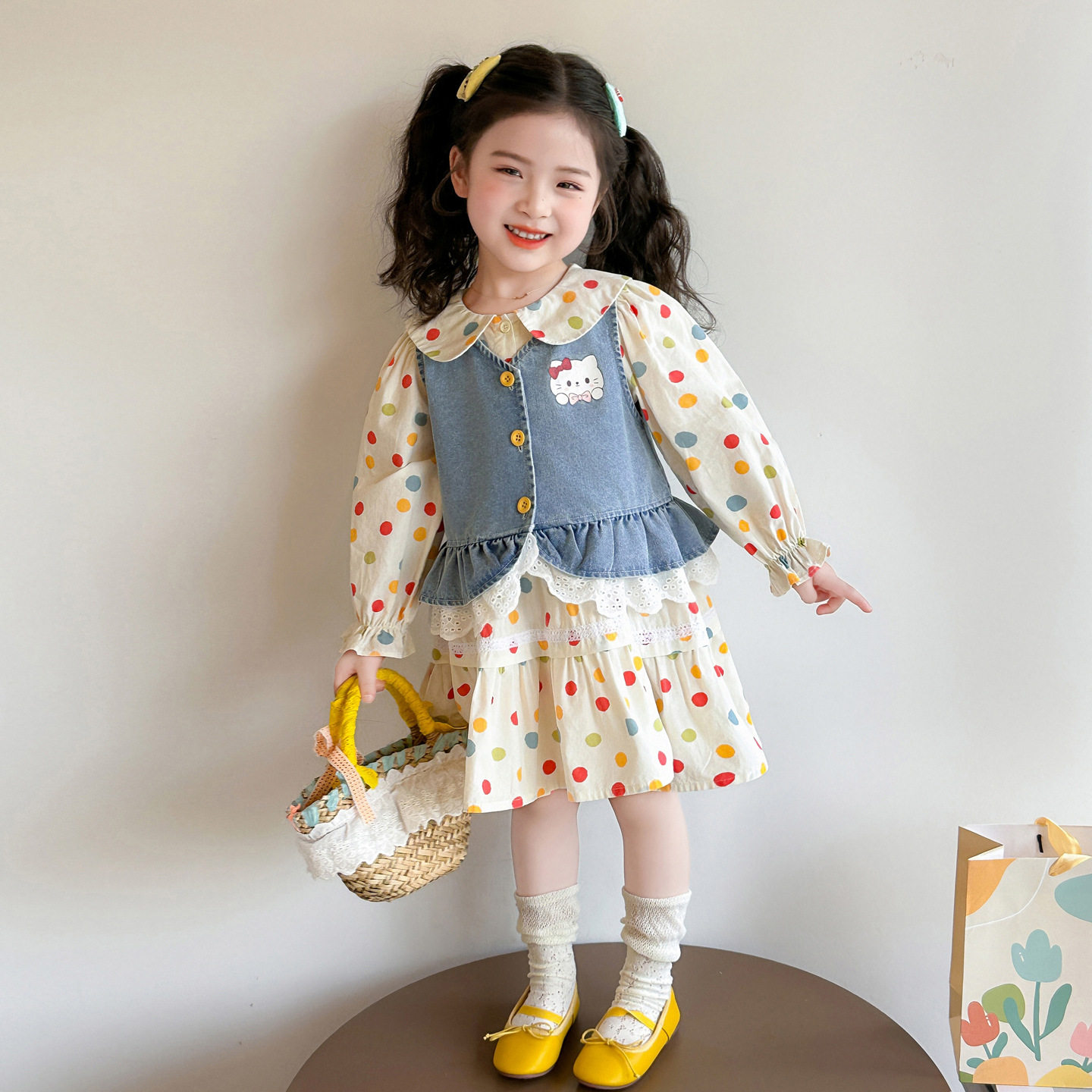 女童牛仔马甲波点裙套装春季2026新款洋气儿童春款卡通甜美两件套,童装/婴儿装/亲子装,儿童运动套装,淘宝优惠券,粉丝福利购,淘宝优惠卷