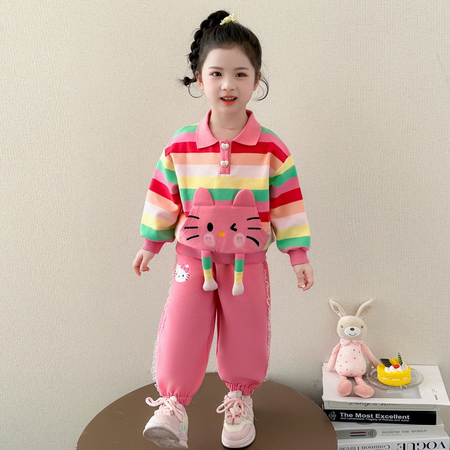 女童彩条猫咪套装春秋季儿童休闲卡通卫衣春装宝宝洋气翻领两件套,童装/婴儿装/亲子装,儿童运动套装,淘宝优惠券,粉丝福利购,淘宝优惠卷