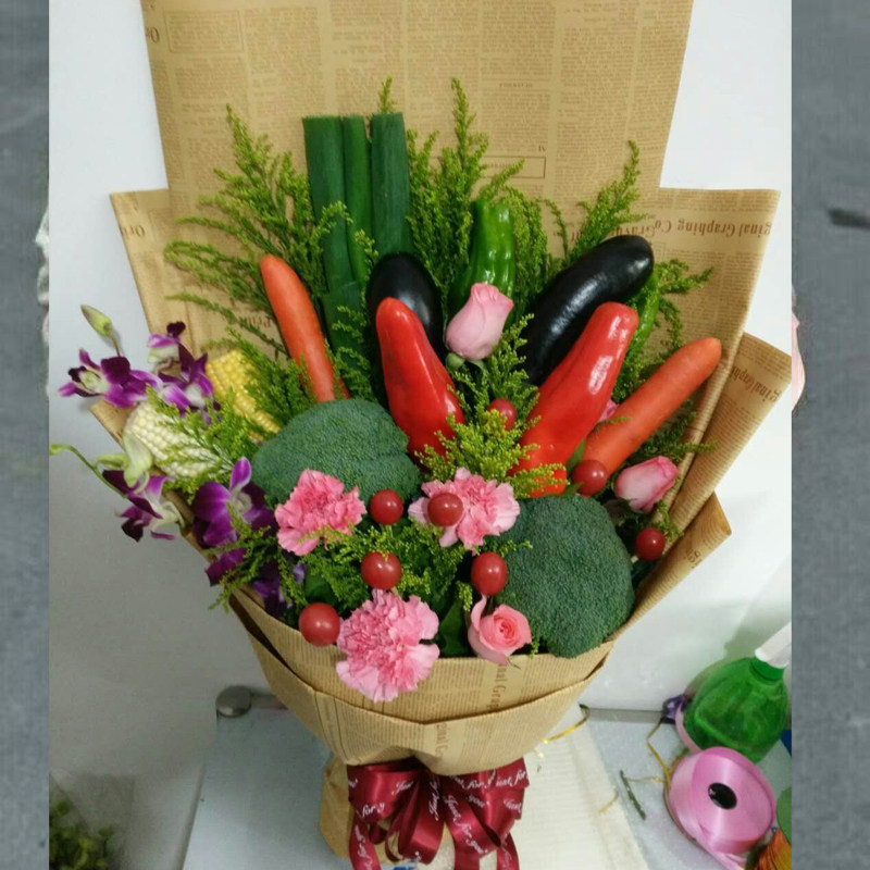 创新制作 鲜花水果蔬菜混搭花束 女友生日创意礼物 上海市区包邮