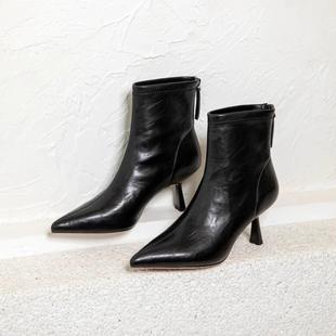 一代佳人2024冬季新款时尚高跟通勤显瘦尖头细跟短靴法式瘦瘦靴女