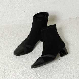 一代佳人2025秋冬新款舒适百搭粗跟弹力袜靴方头中跟英伦风短靴女