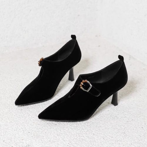 一代佳人2025秋新款金丝绒高跟鞋女尖头皮带扣细跟及踝靴深口单鞋