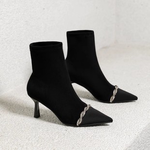 一代佳人2025冬新款时尚水钻尖头细跟短靴女加绒高跟鞋弹力瘦瘦靴
