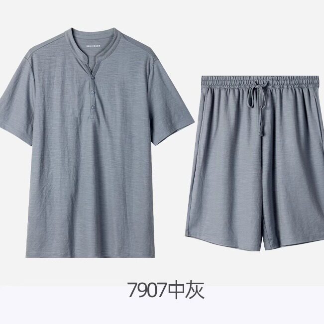 舒雅男棉亚麻柔软亲肤家居套透气