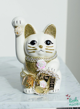 日本代购 招财猫 白色 职人手工 闪亮 陶制 开运日式摆件