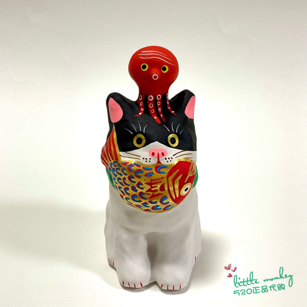 日本代购 白黑猫 章鱼 稠鱼 匠人手工 传统和风 和纸开运日式摆件