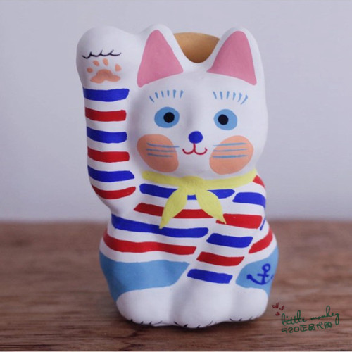 日本代购 招财猫猫 穿色条纹衫 匠人手工 和风和纸开运日式摆件