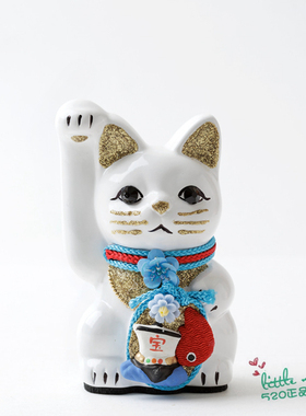 日本代购 招财猫 白色 宝船 职人手工 贴钻 精致陶制开运日式摆件