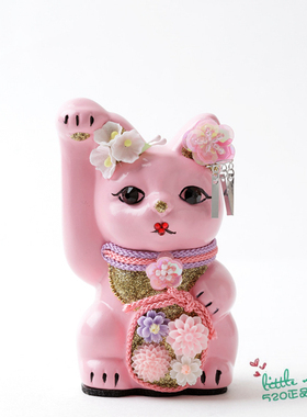 日本代购 招财猫 粉红色 戴头花 职人手工 贴钻 陶制开运日式摆件