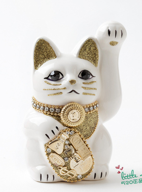 日本代购 招财猫 白色 职人手工 贴钻 陶制闪亮开运日式摆件
