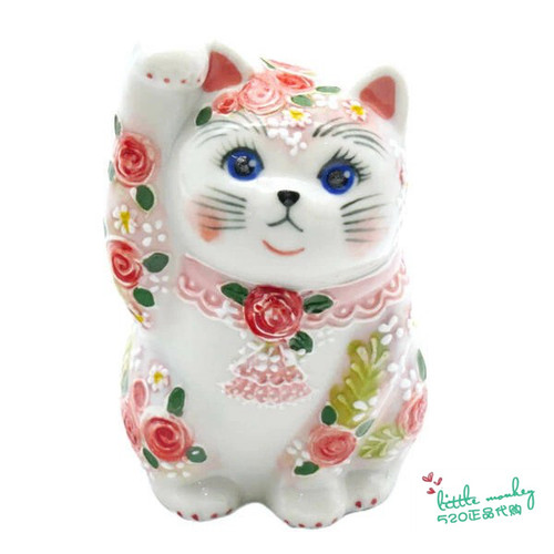 日本代购 招财猫 蓝眼 玫瑰小花 匠人手工手绘 陶瓷开运日式摆件