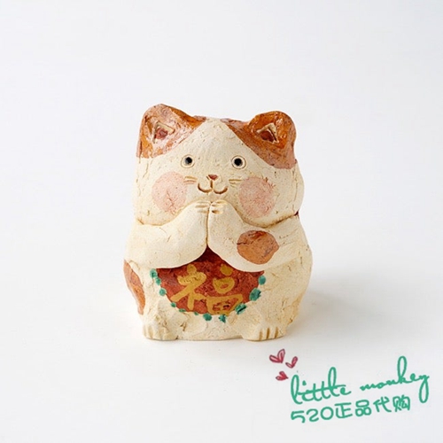 日本代购 福猫 猫咪 双手合十 匠人手工 可爱 陶制招福摆件装饰