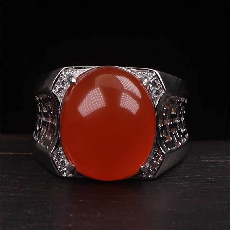 天然保山南红 无裂原矿冰红色蛋面 925银镶嵌男款戒指戒面8.91克