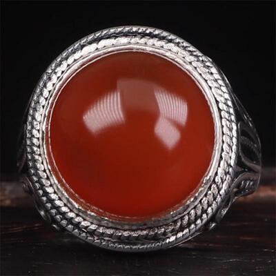 天然保山南红 无裂原矿黑红料冰红戒面 925银镶嵌男款戒指 9.21克