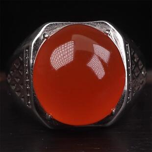 天然保山南红玛瑙 无裂原矿冰红蛋面925银镶嵌男士戒指戒面7.53克