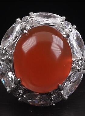 纯天然保山料南红 无裂原矿冰红冰飘戒面925银镶嵌女款戒指3.87克