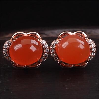 纯天然保山南红玛瑙 无裂原矿冰红蛋面 耳坠耳钉925银镶嵌 2.31克