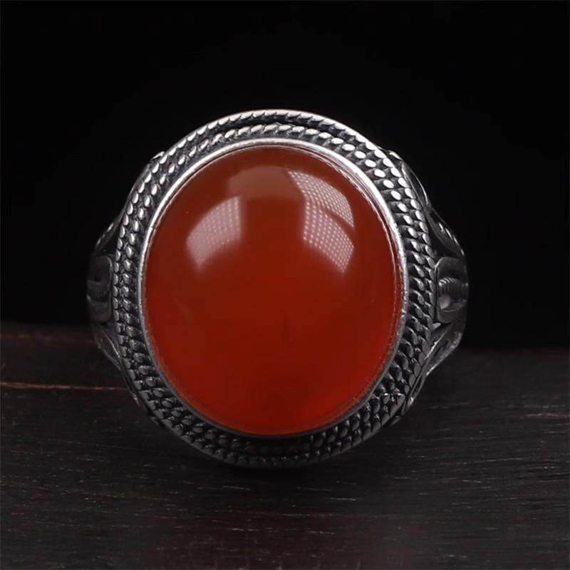 天然保山南红玛瑙 无裂原矿冰红蛋面925银镶嵌男款戒指戒面9.63克