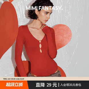 fantasy低胸深V领上衣带胸垫红色辣妹性感连体轻塑身显瘦T恤 mimi