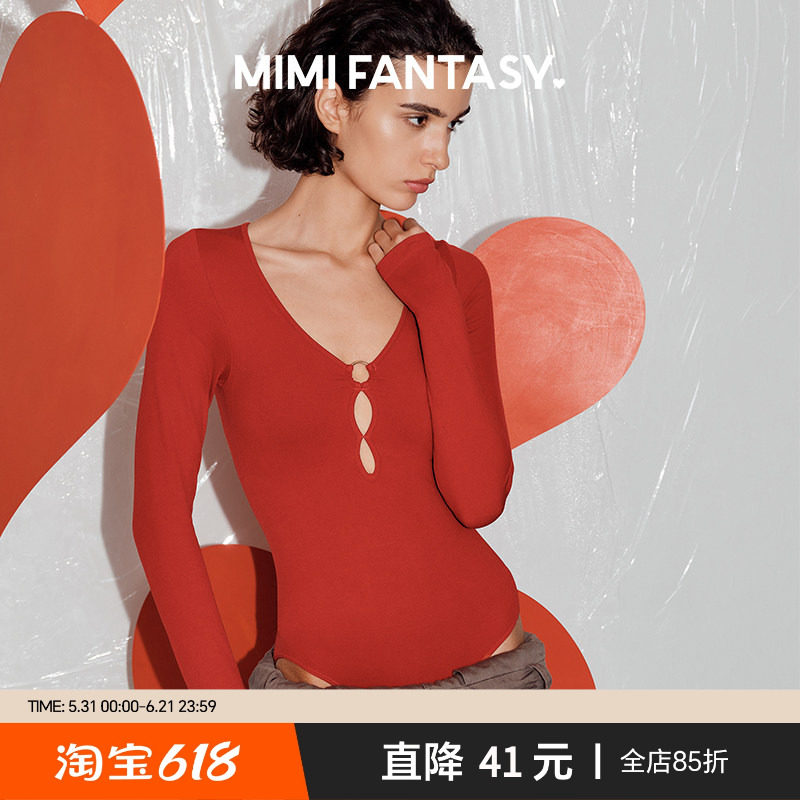mimi fantasy低胸深V领上衣带胸垫红色辣妹性感连体轻塑身显瘦T恤