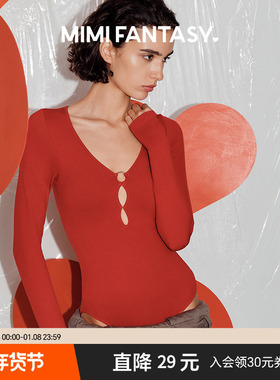 mimi fantasy低胸深V领上衣带胸垫红色辣妹性感连体轻塑身显瘦T恤