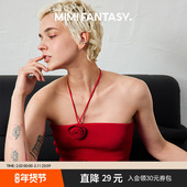 MIMI FANTASY辣妹红玫瑰绑带背心 2025可挂脖可抹胸开叉红色上衣