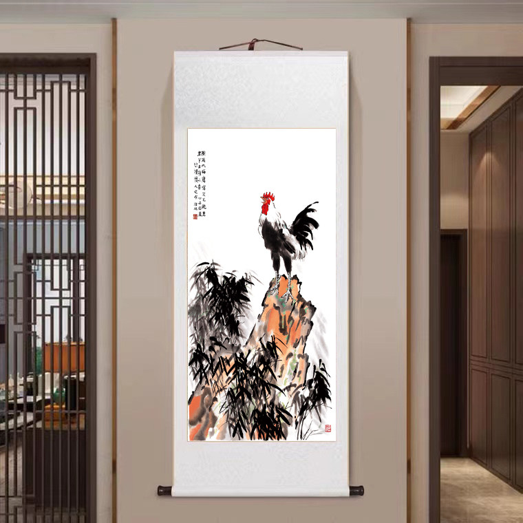 徐悲鸿《风雨鸡鸣》公鸡图字画徐悲鸿字画挂轴客厅装饰画餐厅玄关
