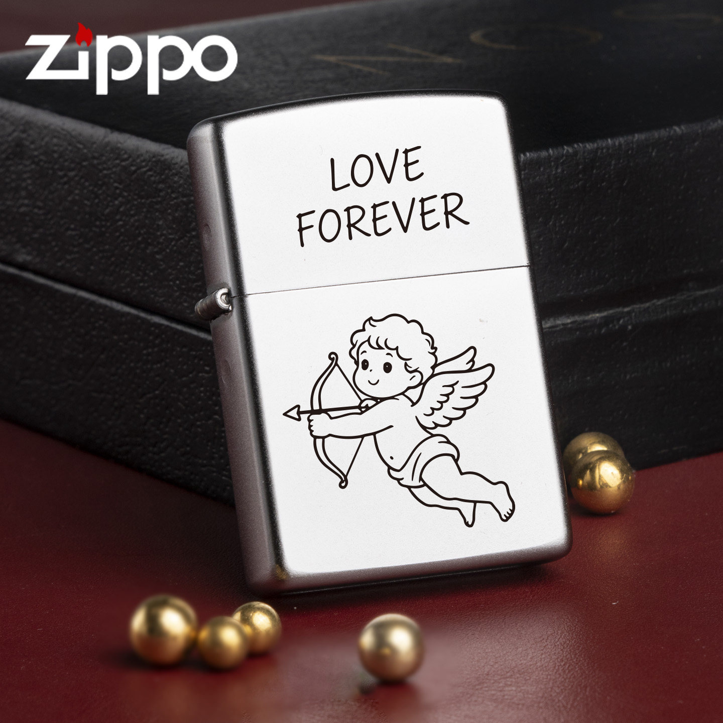 Zippo正品银色镀铬丘比特爱情之箭精雕防风打火机可爱七夕送男友