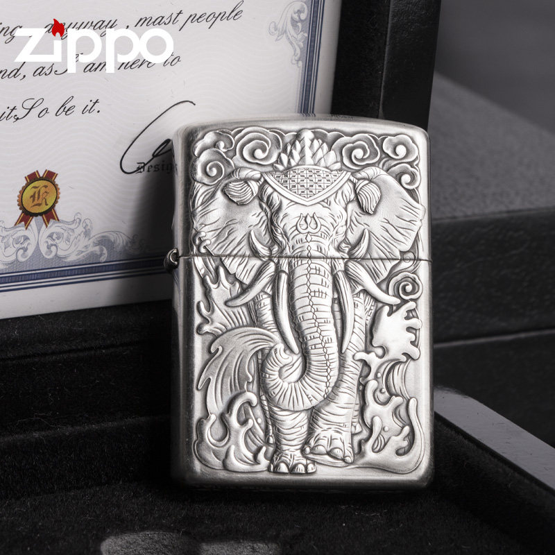 zippo芝宝打火机六牙象王盔甲纯银机芝宝防风煤油送男友收藏礼物