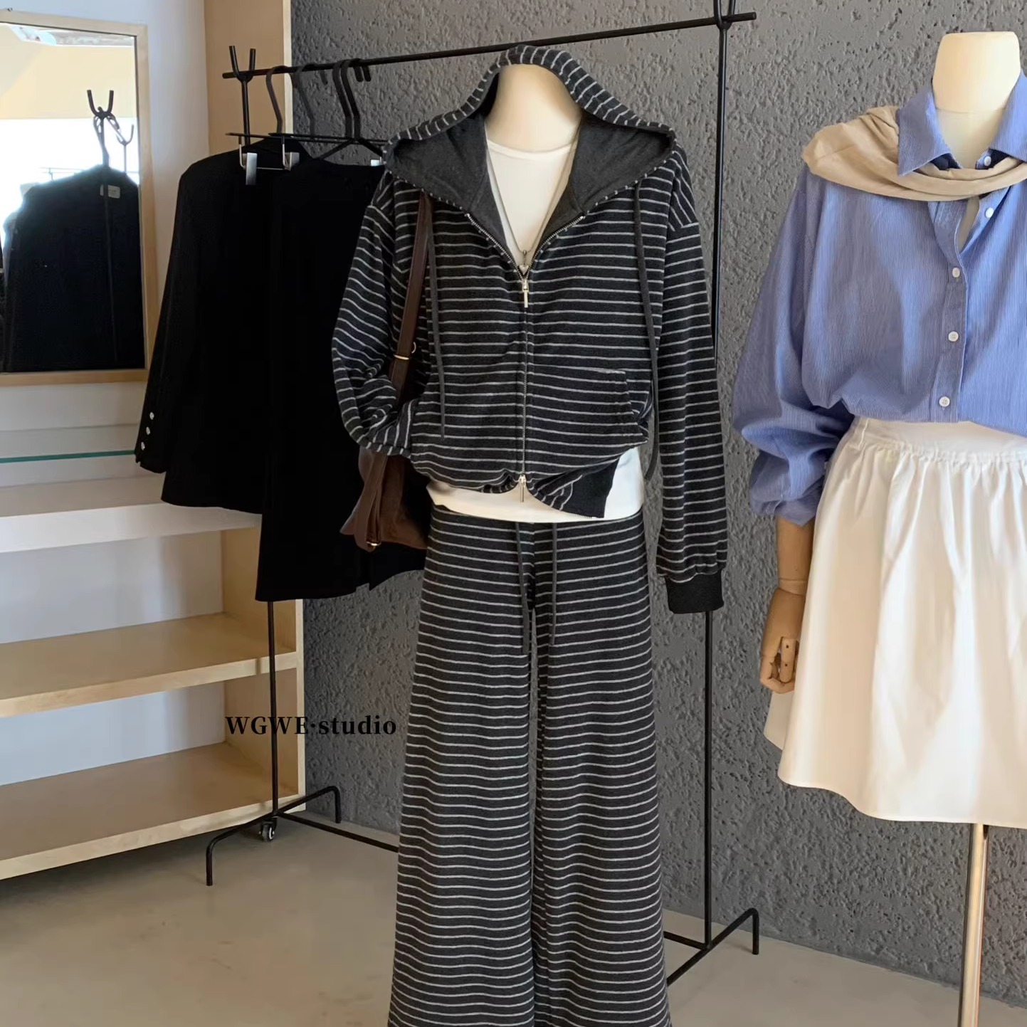 WGWE套装条纹卫衣阔腿裤两件套