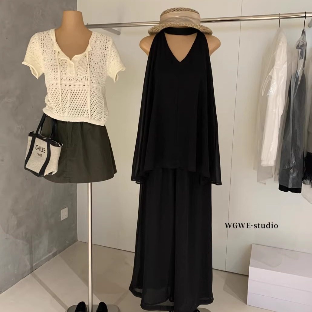 WGWE2026松弛感穿搭黑色V领挂脖背心休闲阔腿裤两件套气质套装,女装/女士精品,时尚套装,淘宝优惠券,粉丝福利购,淘宝优惠卷