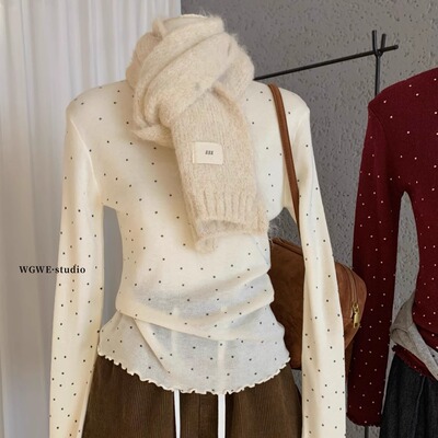 WGWE木耳边半高领长袖针织衫上衣