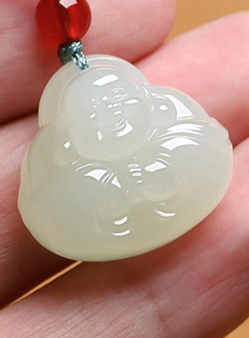 纯天然新疆和田玉昆仑玉青海料白玉可爱笑佛抱抱佛女佩