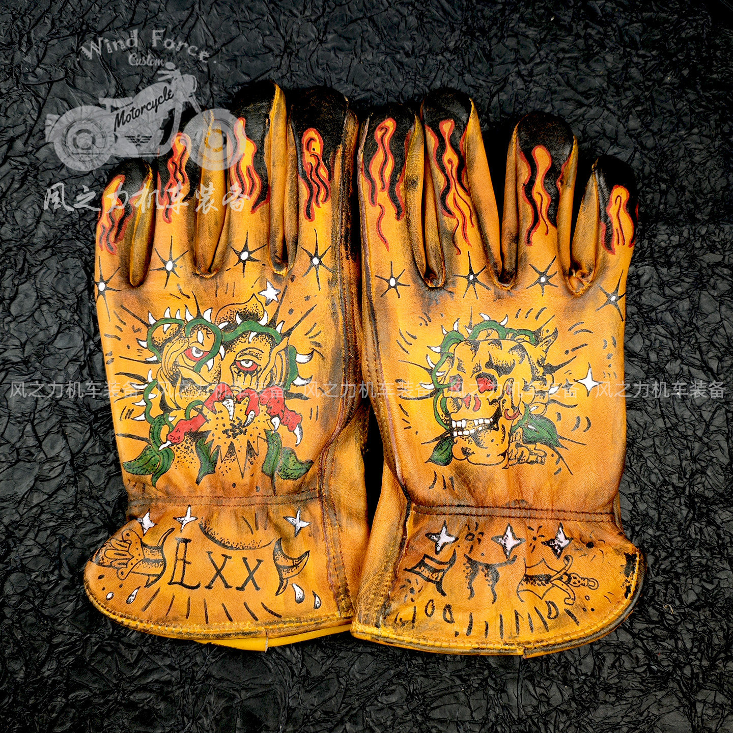 纯牛皮手绘复古做旧邪恶骷髅机车摩托车骑士手套哈雷印第安巡航