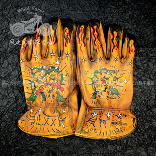 纯牛皮手绘复古做旧邪恶骷髅机车摩托车骑士手套哈雷印第安巡航