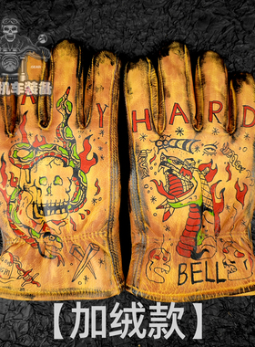 复古做旧机车手套重油污骷髅男士骑行骑士摩托车加绒保暖四季春季