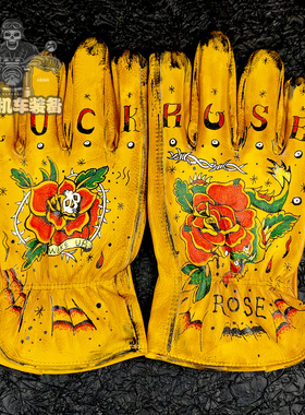 头层牛皮手套手绘复古做旧幸运玫瑰机车重油污骑行摩托车户外马术