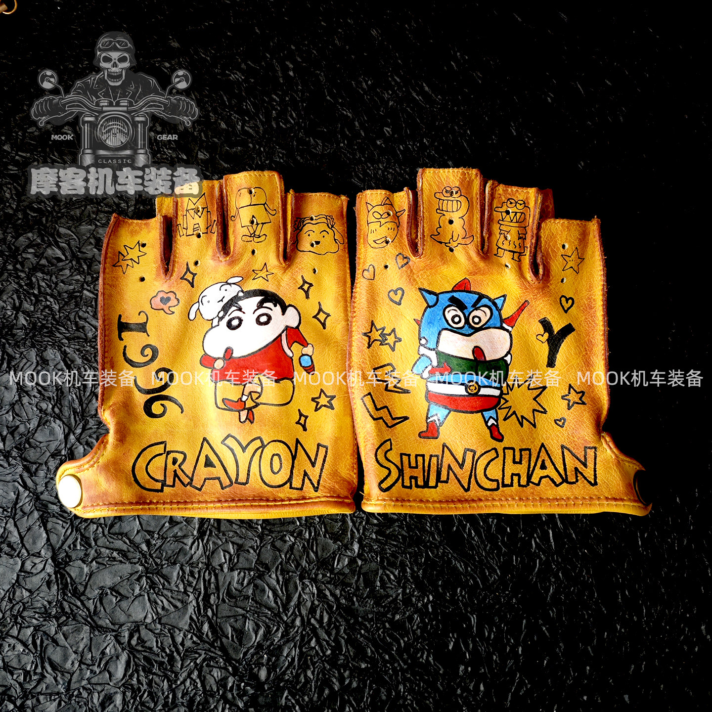 头层牛皮手套蜡笔小新半指男女复古做旧夏季骑行开车摩托机车骑士