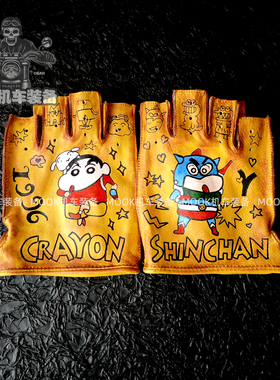 头层牛皮手套蜡笔小新半指男女复古做旧夏季骑行开车摩托机车骑士