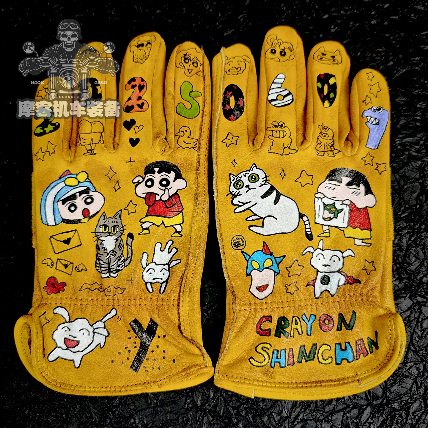 纯牛皮摩托车手套蜡笔小新卡通男女款复古做旧巡航机车骑士春夏季